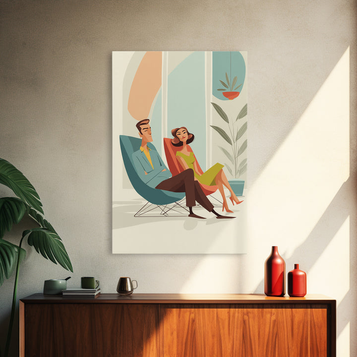 Elegant Midcentury Couple In Teal Chair Framed Canvas Print, Modern Wall Art, Retro Home Decor, MCM Gallery Wall Print Gift
