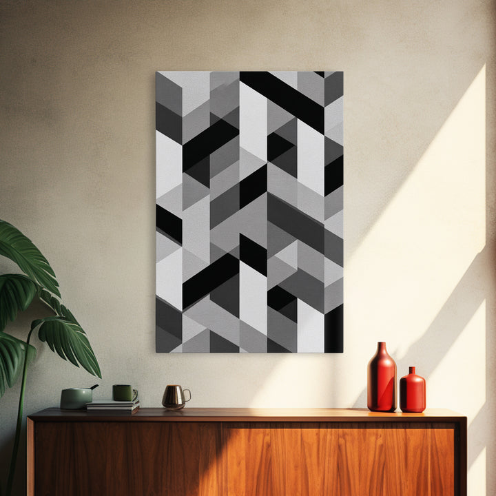 Grayscale Cubist Geometric Pattern Wall Art, Modern Abstract Art Print, Black White Office Decor, MCM Home Decor Canvas Print