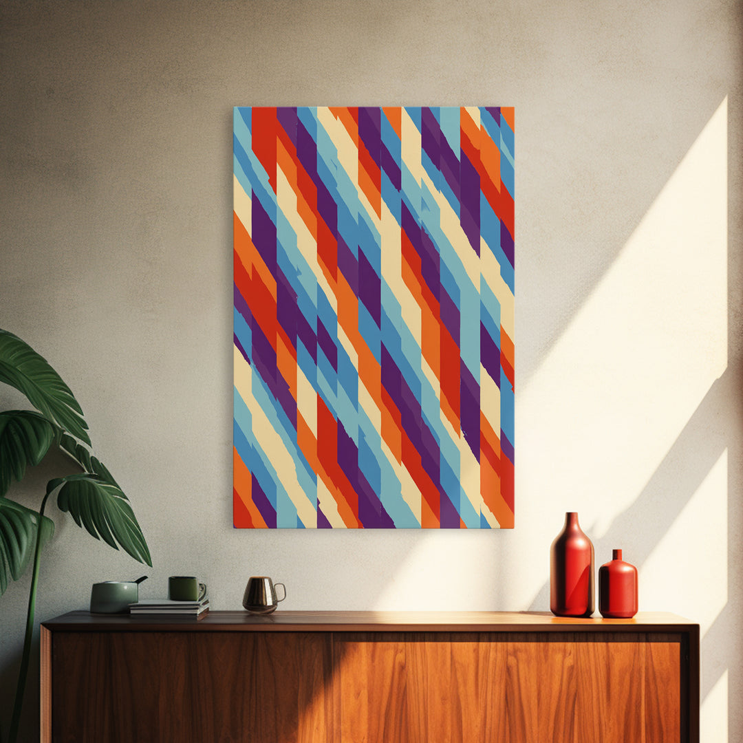 Colorful Diagonal Stripe Abstract Canvas Print, Retro Modern Wall Art, Bright Geometric Decor, 70s MCM Living Room Print