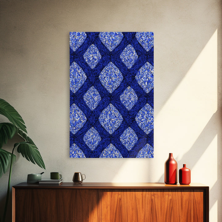 Blue Crystal Diamond Pattern Canvas Print, Geometric Wall Art, Modern Abstract Decor, Bold Blue Office And Bedroom Art Print