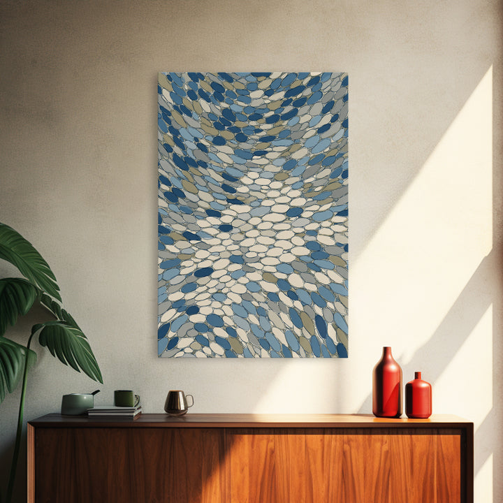 Blue Beige Mosaic Vortex Canvas Print, Midcentury Modern Abstract Art, Geometric Wall Decor, Optical Pattern Home Art Print