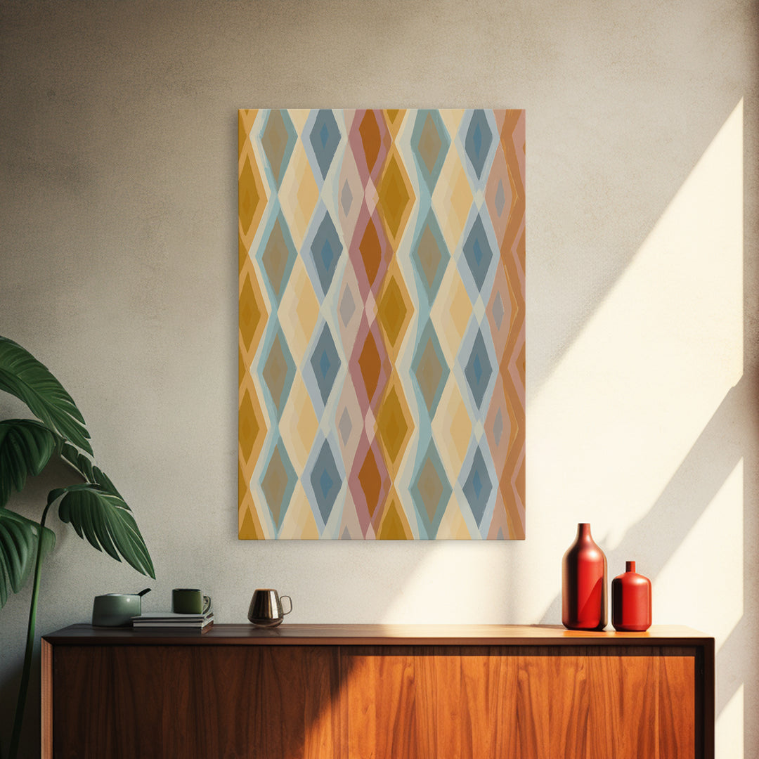 Pastel Argyle Diamond Pattern Wall Art, Mid Century Modern Geometric Print, Retro Abstract Decor, Mustard Blue Canvas Home Decor