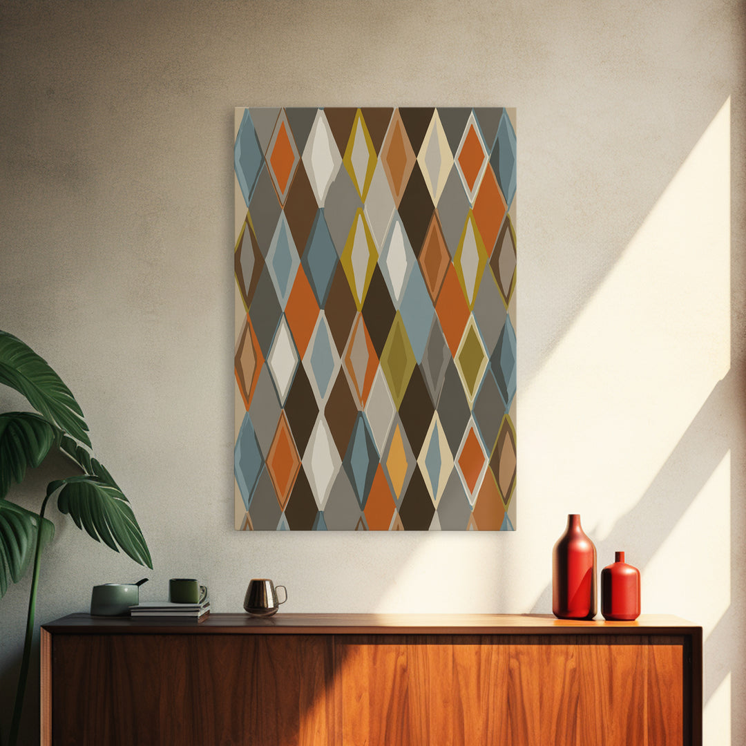 Earthy Argyle Diamond Pattern Framed Canvas Print, Mid Century Modern Wall Decor, Retro Geometric Abstract Art, Orange Blue