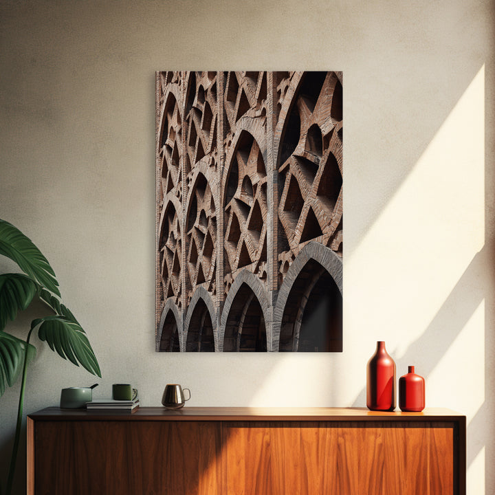 Brick Arch Facade Architecture Canvas Print, Geometric Gothic Arches Wall Decor, Modern Rustic Photo Art, Brown Black Texture