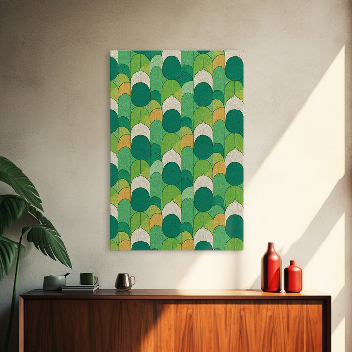 Green Botanical Oval Leaf Pattern Canvas Print, Mid Century Modern Wall Decor, Retro Nature Art, Textured Sage Teal Yellow