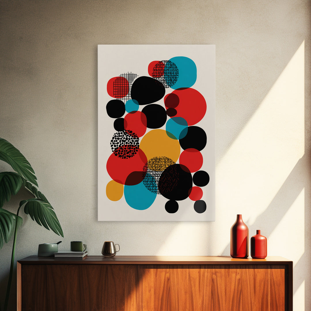 Red Teal Black Circle Cluster Canvas Print, Mid Century Modern Abstract Art, Retro Geometric Wall Decor, Mustard Cream Poster