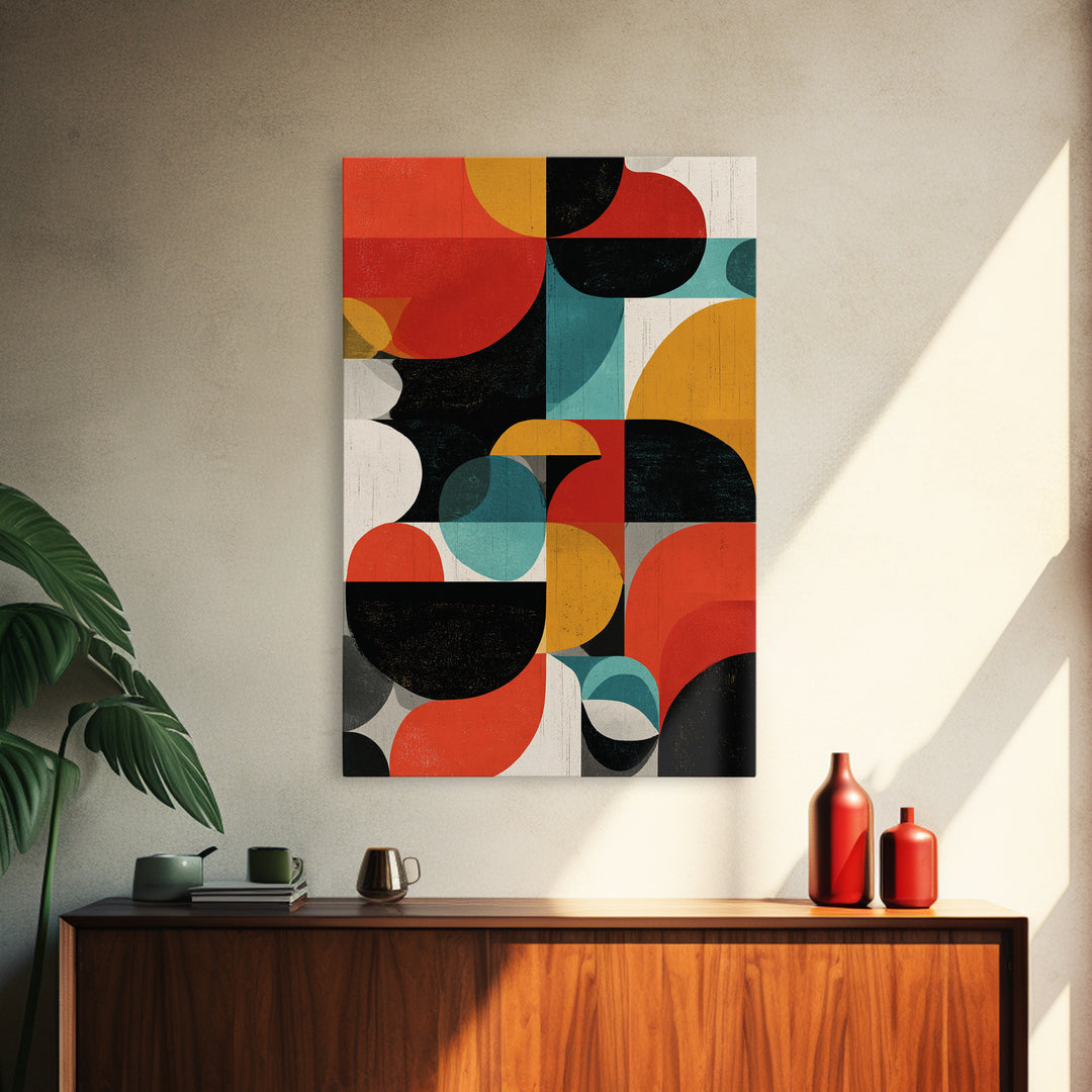 Bauhaus Blocks And Circles Framed Canvas Print, Mid Century Modern Abstract Wall Decor, Retro Geometric Art, Red Teal Mustard
