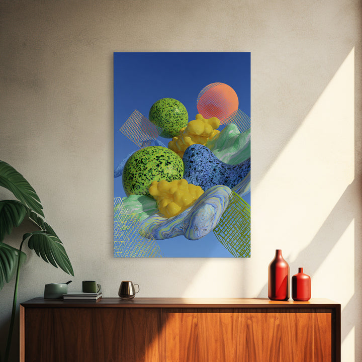 Surreal Speckled Planets And Mesh Mountains Canvas Print, Bright Midcentury Modern Abstract Wall Decor, Colorful Retro Art