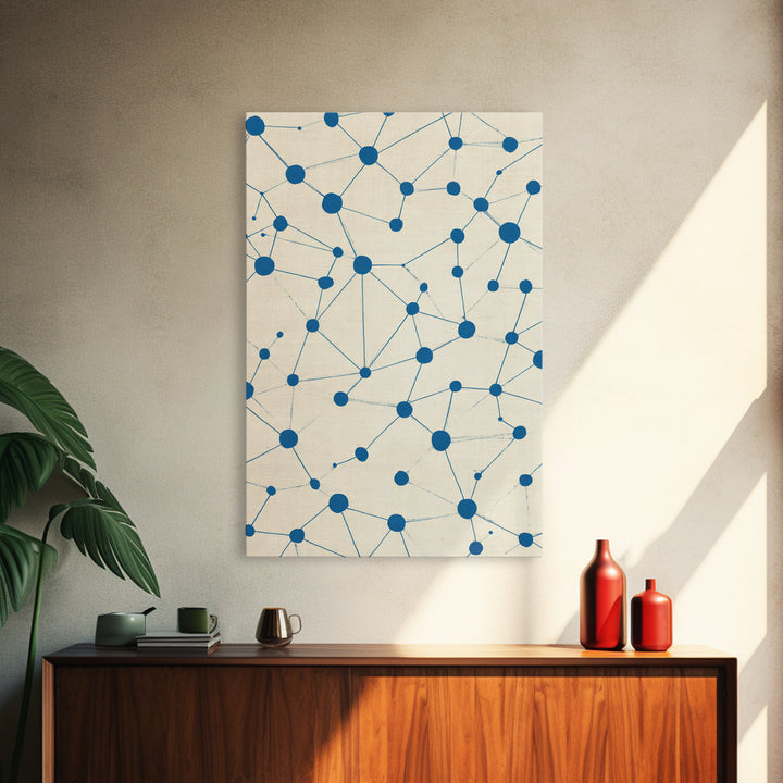 Blue Constellation Dot Pattern Canvas Print, Midcentury Modern Geometric Wall Art, Minimal Abstract Linen Home Office Decor