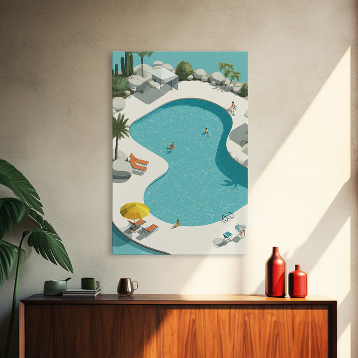 Aerial Desert Pool With Palms Wall Art, Midcentury Modern Palm Springs Print, Retro Vacation Resort Living Room Home Decor