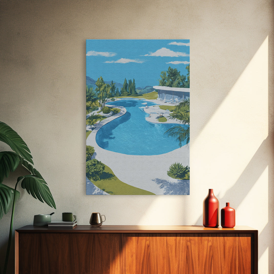 Midcentury Pool And Glass House Landscape Canvas Print, Palm Springs Modern Wall Art, Retro Architecture Living Room Home Decor