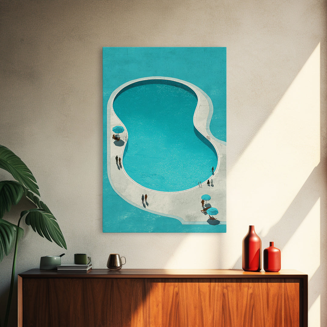 Minimal Turquoise Resort Pool Framed Canvas Print, Midcentury Modern Wall Art, Palm Springs Retro Travel Poster Living Room Decor