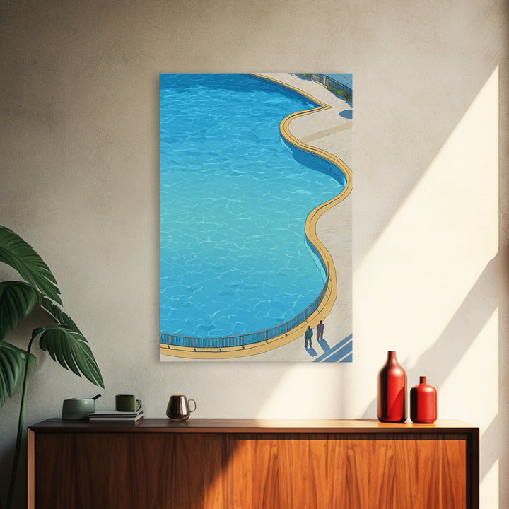 Curved Blue Swimming Pool Wall Art, Midcentury Modern Coastal Resort Print, Minimal Summer Travel Living Room Home Decor