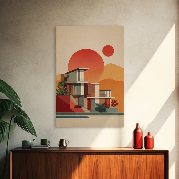 Desert Modernist House With Red Sun Wall Art, Mid Century Modern Poster, Retro Palm Springs Decor, Architectural Art Print