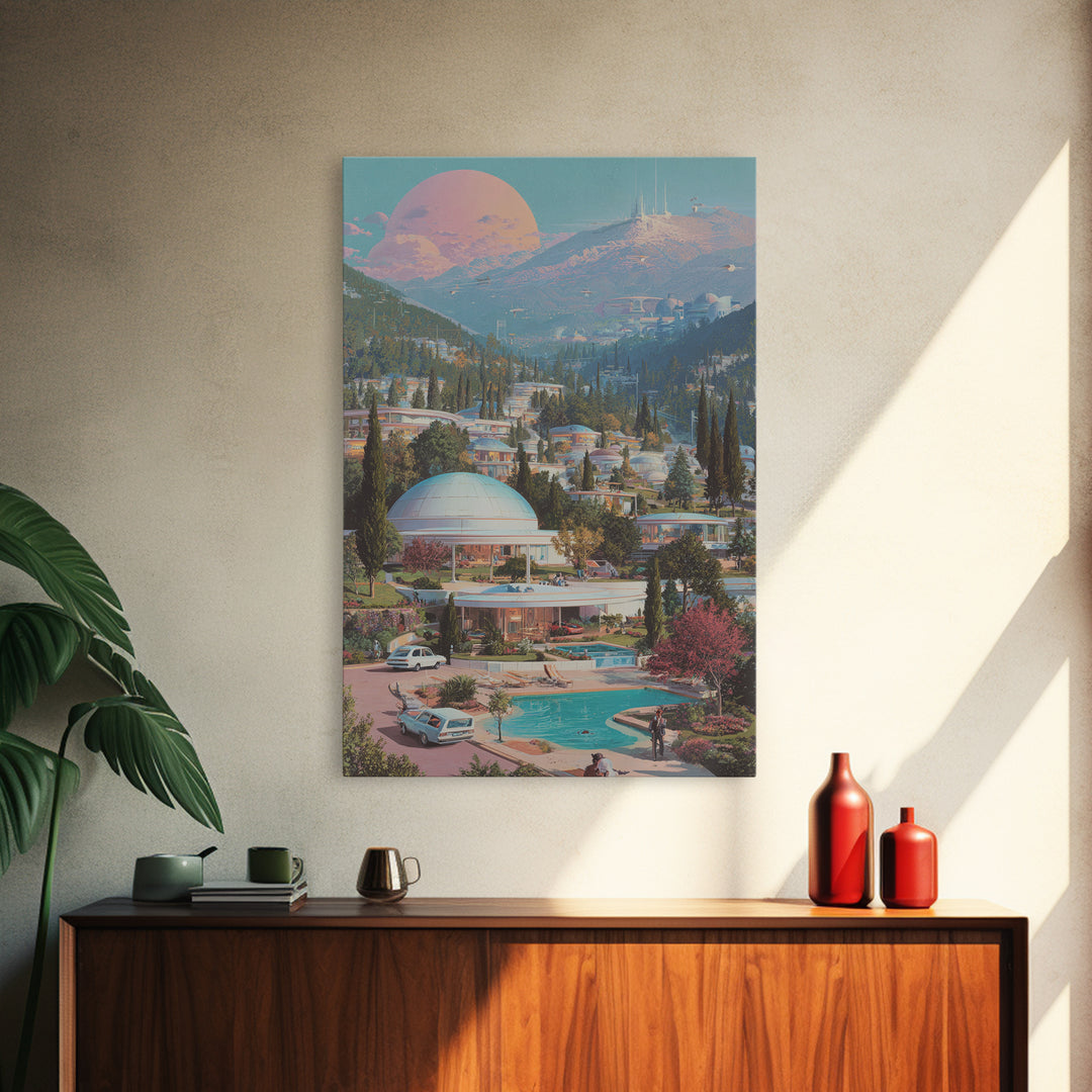 Futuristic Mountain Resort With Pink Moon Wall Art, Midcentury Modern Sci Fi Poster, Retro Travel Print, Scenic Home Decor