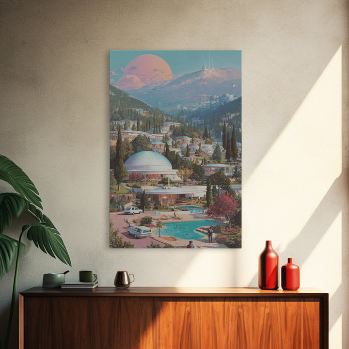 Futuristic Mountain Resort With Pink Moon Wall Art, Midcentury Modern Sci Fi Poster, Retro Travel Print, Scenic Home Decor