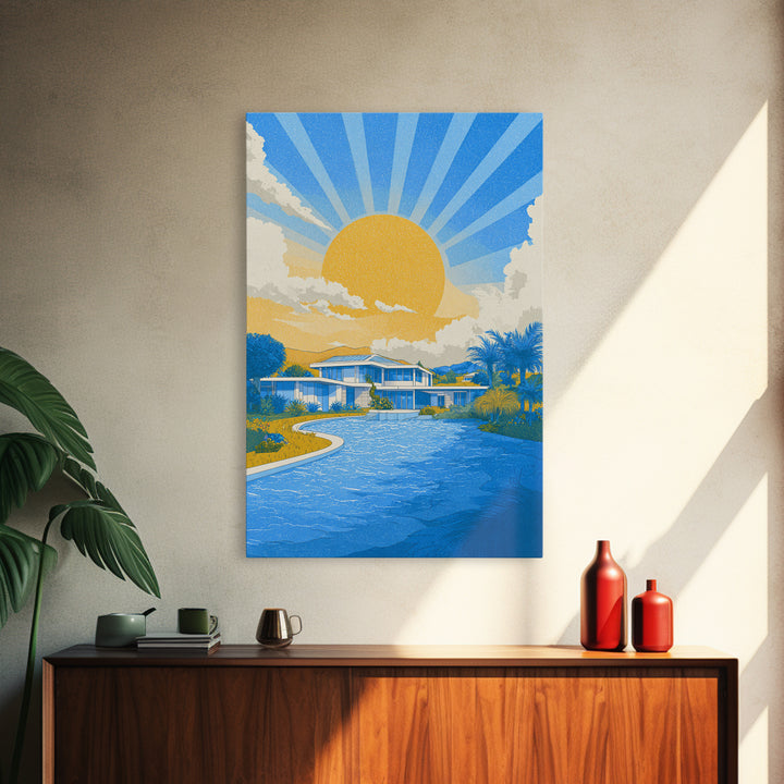 Blue Poolside Modern House With Sun Rays Framed Canvas Print, Mid Century Modern Wall Art, Tropical Palm Springs Decor Poster