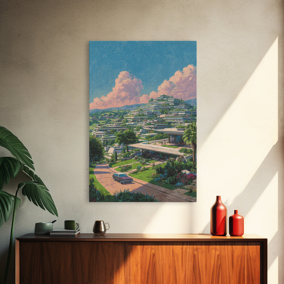 Terraced Hillside Utopia With Pink Clouds Wall Art, Midcentury Modern Architecture Poster, Colorful Landscape Home Decor