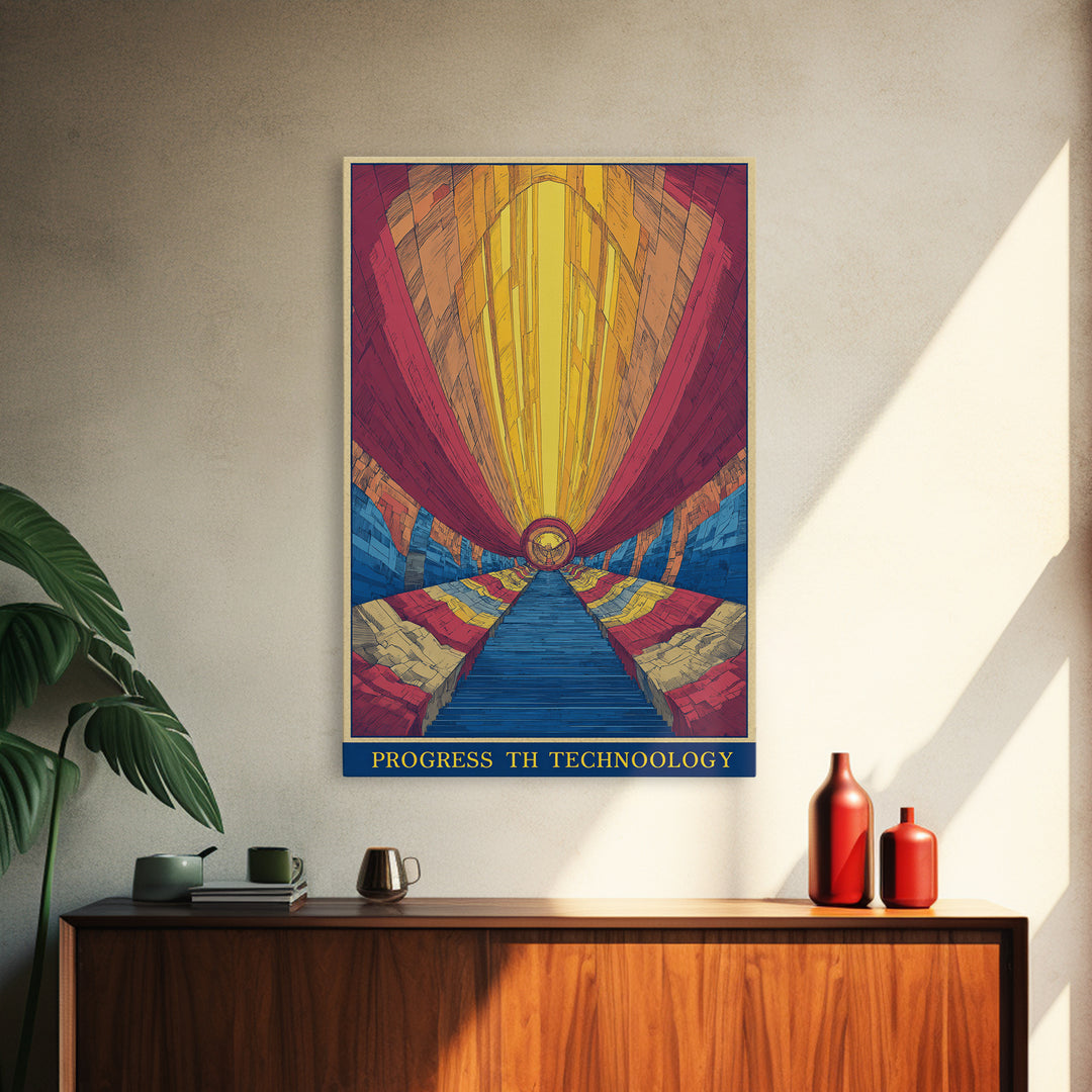 Glowing Futurist Technology Tunnel Wall Art, Retro Sci Fi Poster, Modern Abstract Art Print, Colorful Geometric Home Decor