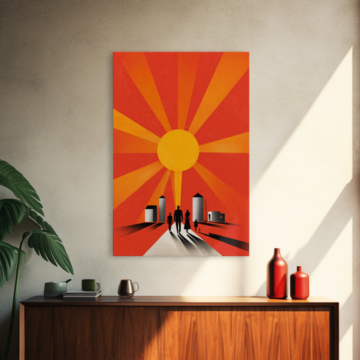 Family Silhouettes Walking Toward Sun Wall Art, Midcentury Modern Poster, Orange Retro Abstract Print, Inspirational Decor