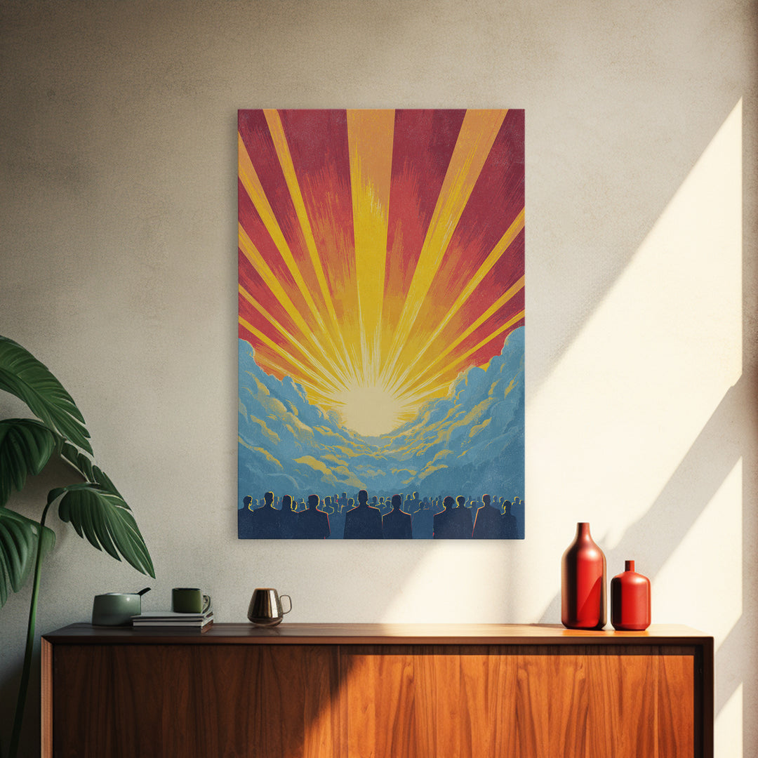 Radiant Sunrise Over Crowd Silhouette Canvas Print, Retro Sci Fi Wall Art, Inspirational Sun Poster, Colorful Home Decor