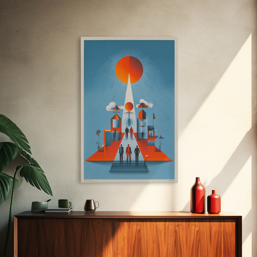 Futuristic Orange Sun City Wall Art, Midcentury Modern Art Print, Retro Geometric Poster, MCM Living Room Decor, Bold Blue Orange