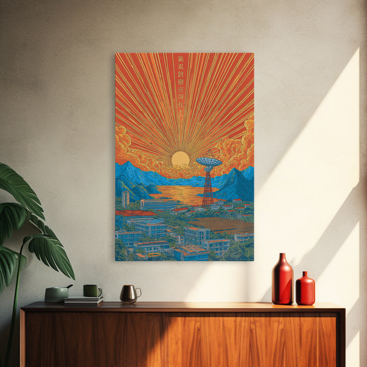 Japanese Sunrise Mountain Valley Canvas Print, Retro Travel Poster, Orange Blue Landscape Wall Decor, Midcentury Modern Art