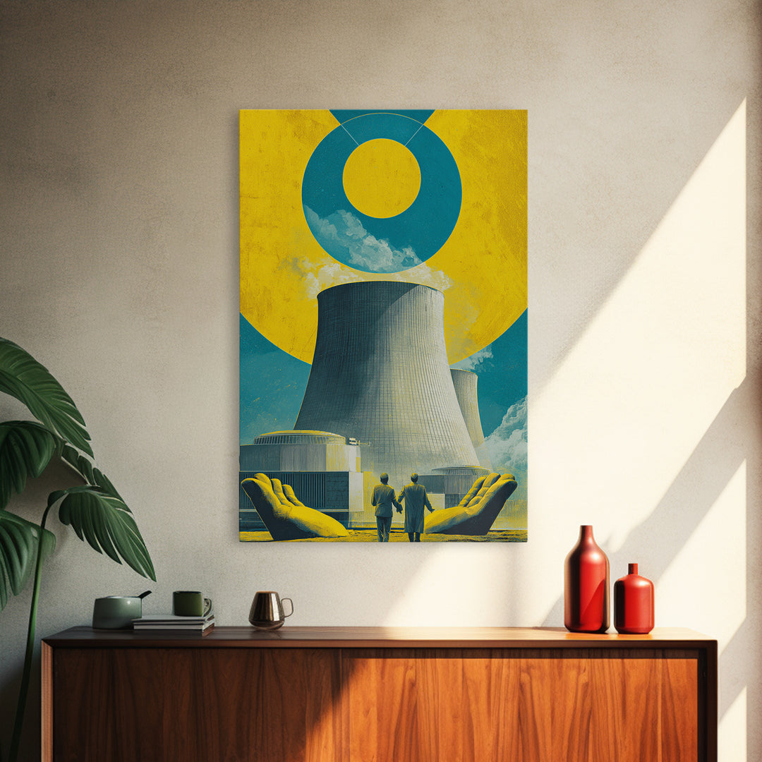 Nuclear Cooling Tower In Giant Hands Canvas Print, Retro Futurist Wall Decor, Yellow Teal Industrial Modern Art, MCM Poster