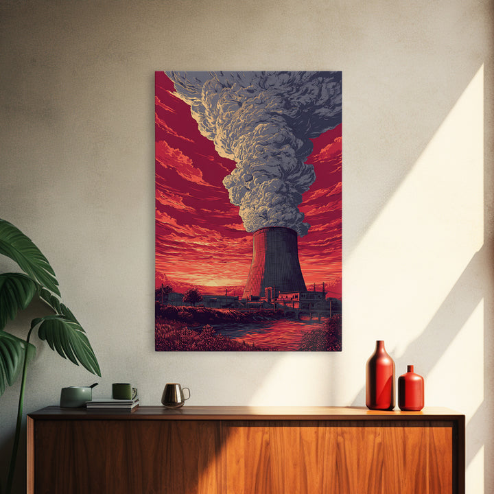 Dramatic Nuclear Cooling Tower Wall Art, Red Sunset Industrial Poster, Retro Sci Fi Landscape Print, Statement Home Decor