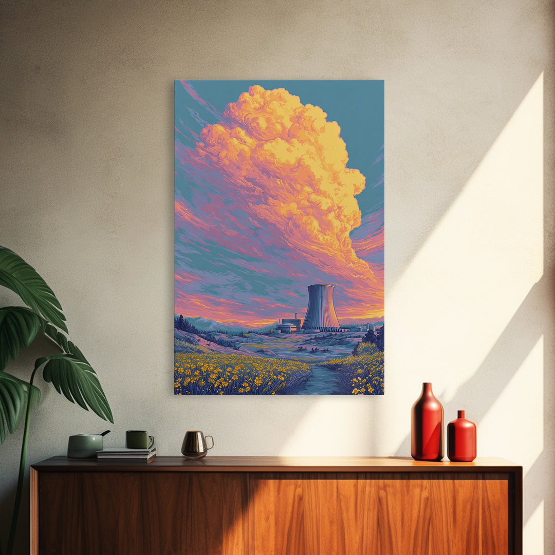 Pastel Nuclear Plant With Flower Field Wall Art, Scenic Landscape Poster, Colorful Modern Home Decor, Retro Art Print, Gift