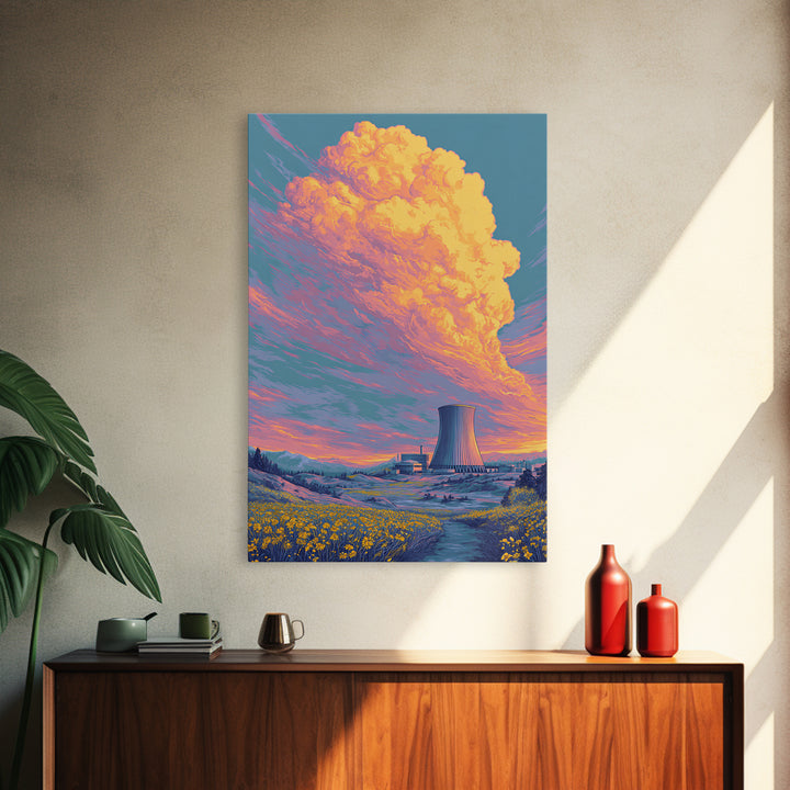 Pastel Nuclear Plant With Flower Field Wall Art, Scenic Landscape Poster, Colorful Modern Home Decor, Retro Art Print, Gift