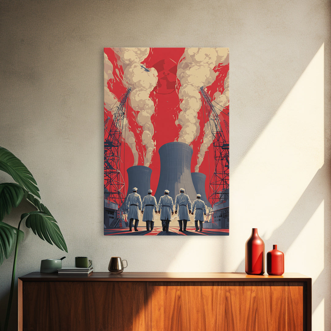 Nuclear Plant Workers Under Red Sky Framed Canvas Print, Industrial Wall Art, Retro Sci Fi Poster, Bold Statement Home Decor