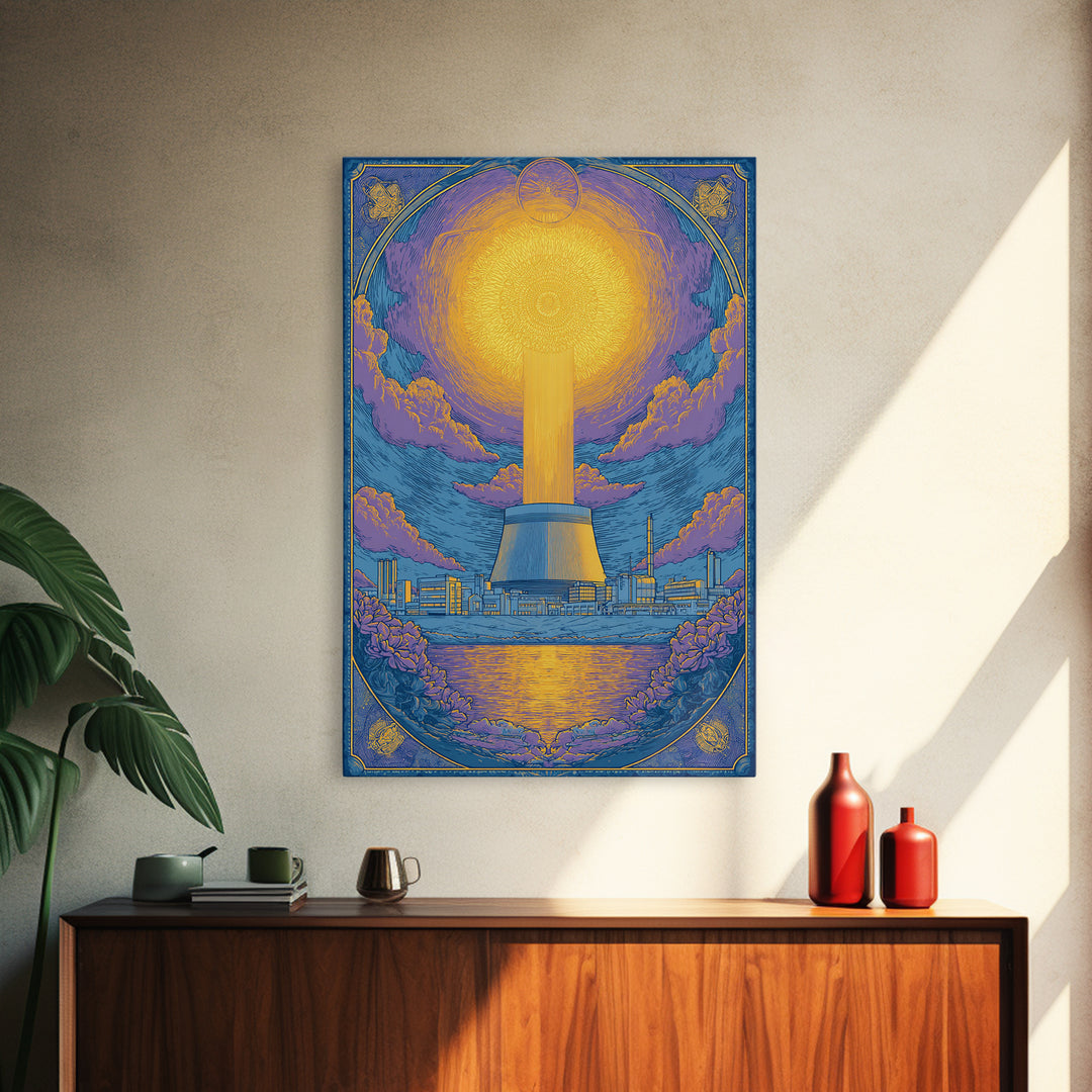 Ornate Radiant Nuclear Tower Wall Art, Art Nouveau Industrial Poster, Blue Gold Scenic Print, Spiritual Modern Statement Decor