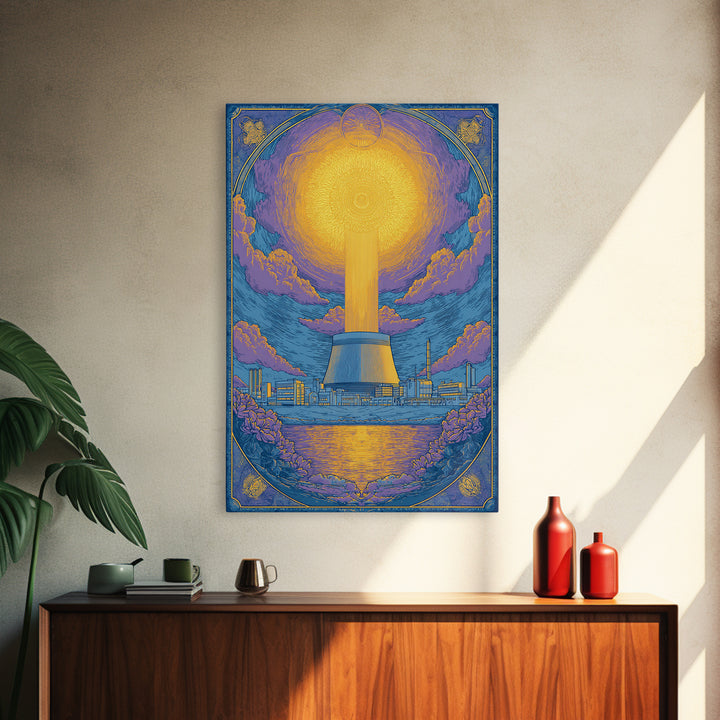 Ornate Radiant Nuclear Tower Wall Art, Art Nouveau Industrial Poster, Blue Gold Scenic Print, Spiritual Modern Statement Decor
