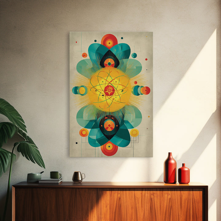Atomic Flower Geometry Canvas Print, Midcentury Modern Abstract Art, Colorful Geometric Wall Decor, Retro Bauhaus Poster