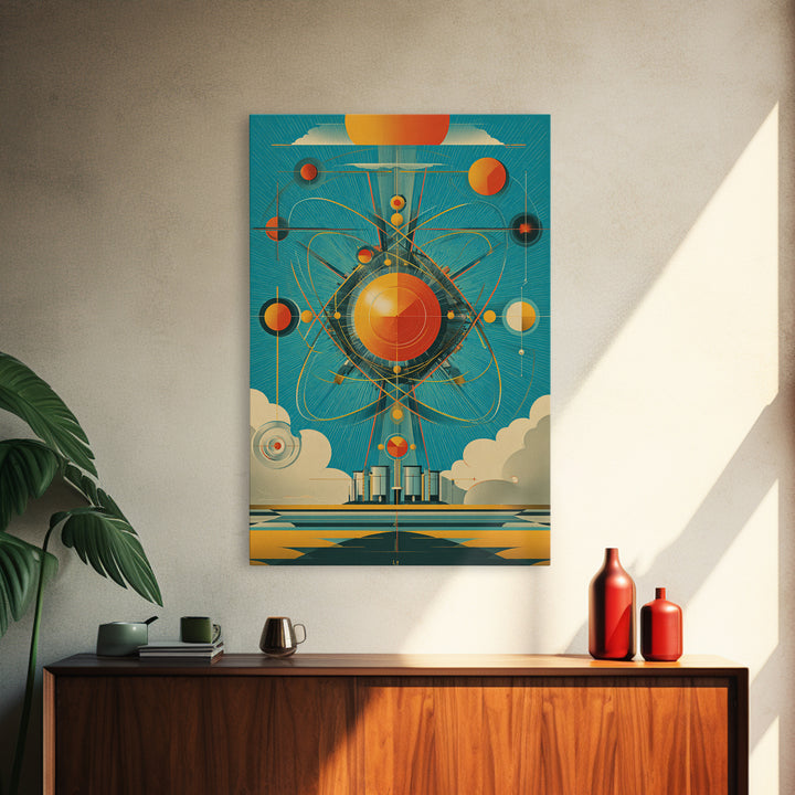 Atomic Orange Sun Orbit Wall Art, Midcentury Modern Abstract Space Poster, Teal Retro Geometric Decor, MCM Canvas Gift, Home Decor