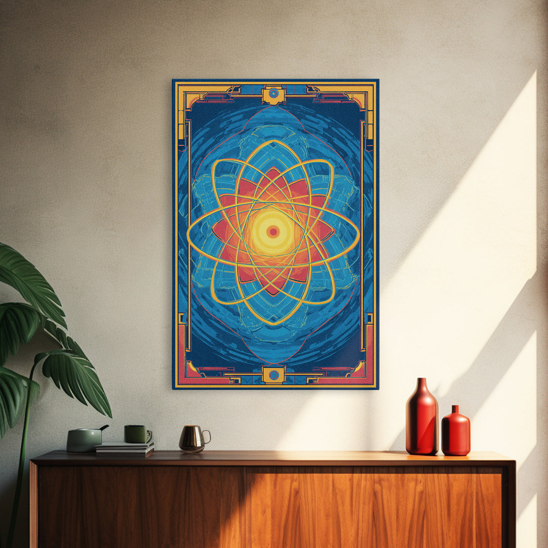 Radiant Atomic Mandala Framed Canvas Print, Midcentury Modern Art, Blue Geometric Wall Decor, Retro Sci Fi Home Poster Gift