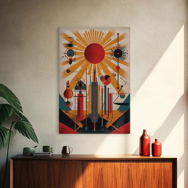 Red Sunburst Machine Wall Art, Midcentury Modern Abstract Poster, Bauhaus Geometric Print, Atomic Retro Office Decor Gift