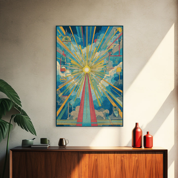 Radiant Cloud Cathedral Canvas Print, Midcentury Modern Sun Rays Poster, Colorful Geometric Sky Wall Art, Retro Home Decor