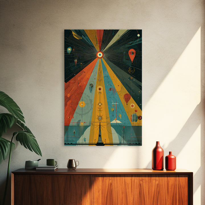 Prismatic Cosmic Beams Wall Art, Midcentury Modern Abstract Space Poster, Retro Geometric Sci Fi Decor, Colorful MCM Print