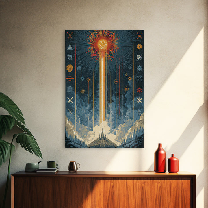 Mystic Rocket Launch Wall Art, Midcentury Modern Space Poster, Celestial Sunburst Landscape, Retro Sci Fi Office Decor Print