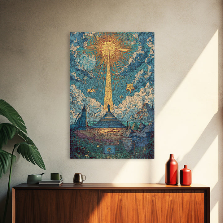 Stairway To Radiant Sun Wall Art, Modern Celestial Landscape Poster, Blue Cloud Fantasy Print, Spiritual Home Office Decor