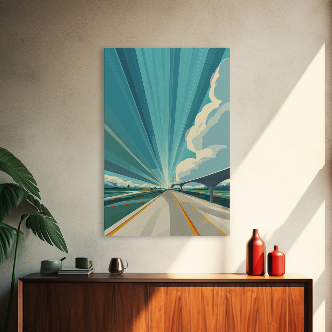 Futuristic Highway Light Rays Wall Art, Retro Modern Poster, Architectural Art, Travel Wall Art, Blue Geometric Office Decor