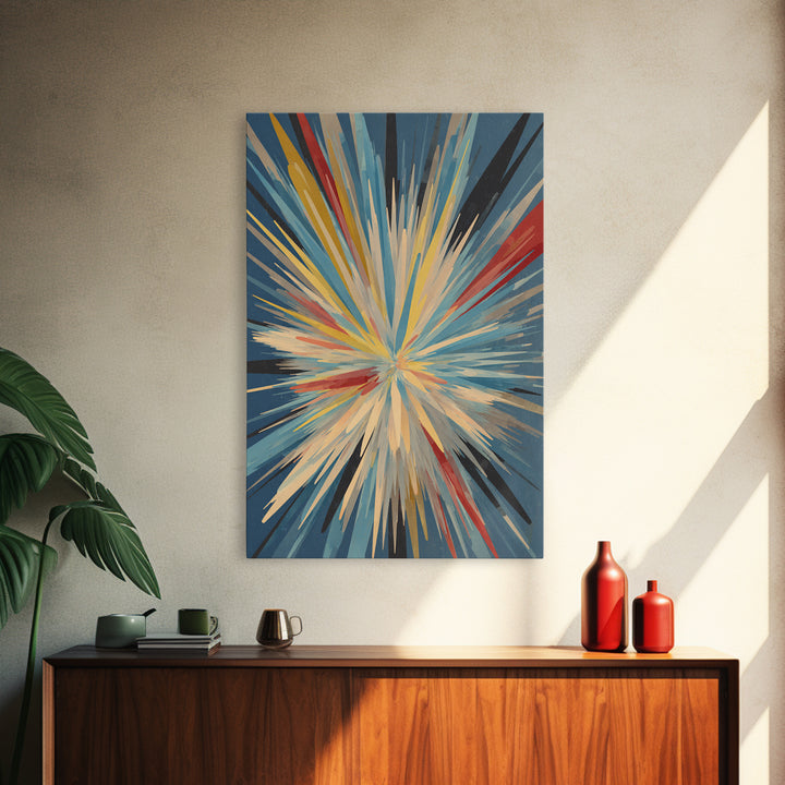 Exploding Abstract Starburst Canvas Print, Modern Wall Art, Colorful Geometric Poster, Blue Red Yellow Midcentury Decor Gift