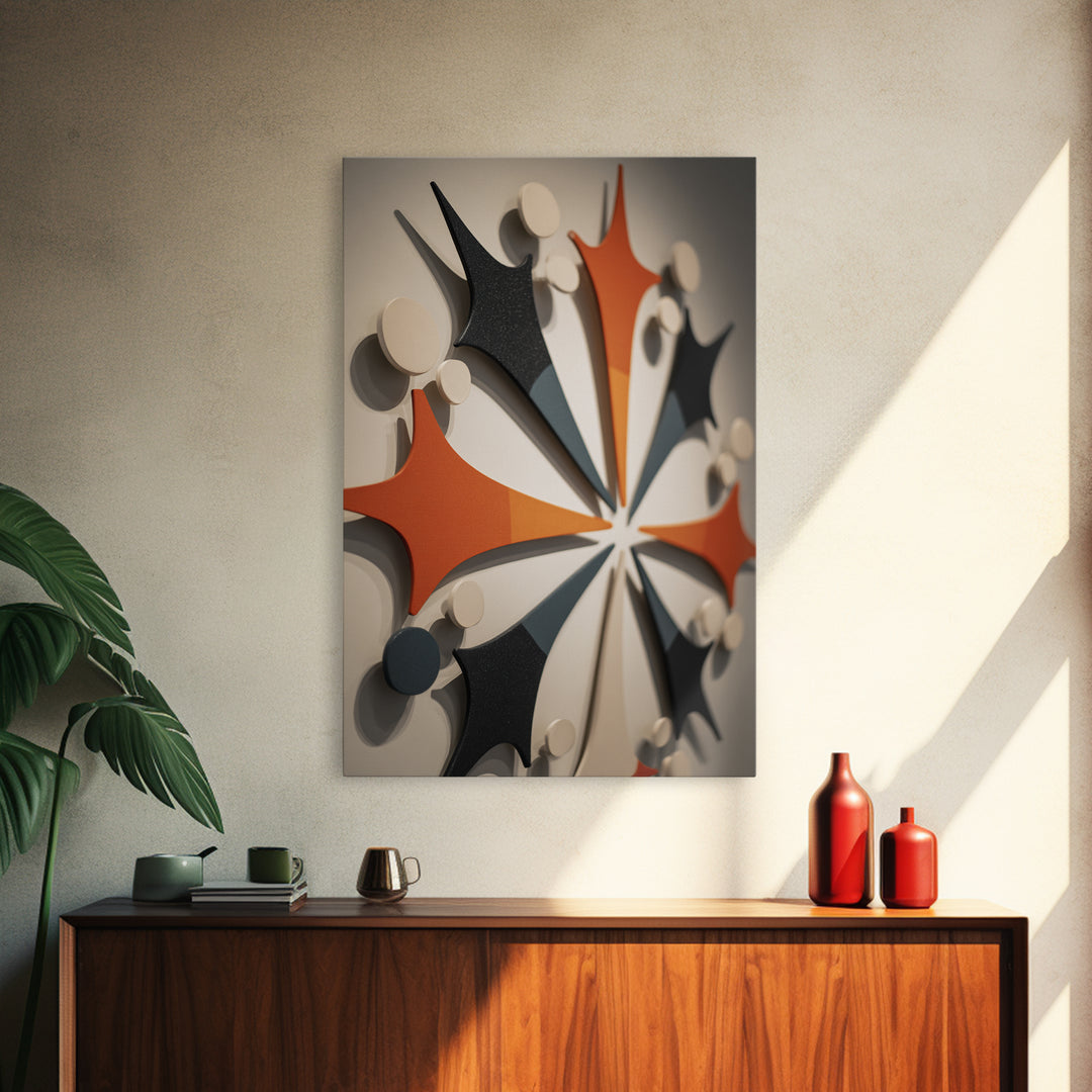 Orange Black Atomic Boomerang Wall Art, Midcentury Modern Decor, Geometric Retro Sculpture Canvas Print, MCM Gallery Poster
