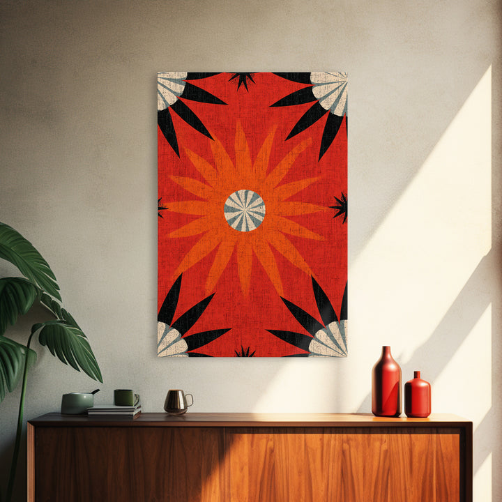 Orange Atomic Sunburst Pattern Wall Art, Midcentury Modern Print, Retro 70s Decor, Geometric Textile Style Bold MCM Poster