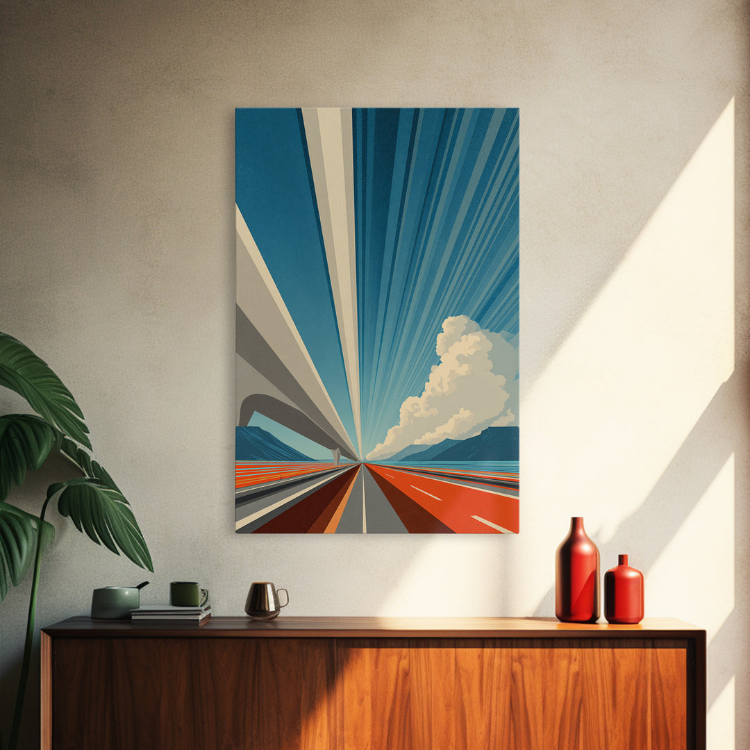 Orange Coastal Highway Perspective Canvas Print, Retro Modern Poster, Architectural Art, Blue Wall Art, Travel Office Decor