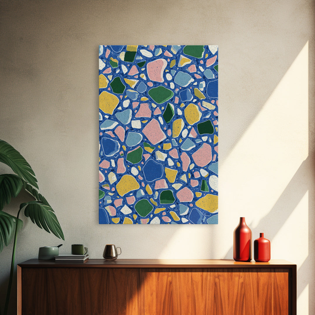 Blue Pebble Terrazzo Mosaic Pattern Canvas Print, Midcentury Modern Wall Art, Colorful Abstract Geometric Home Decor Poster Gift