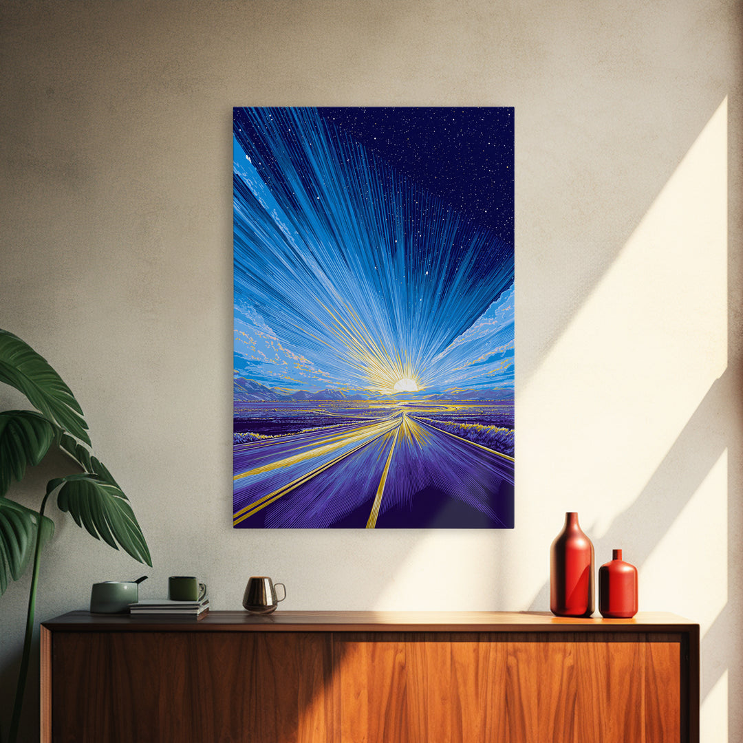 Radiant Starry Sunrise Road Wall Art, Modern Digital Art, Retro Sci Fi Poster, Blue Landscape Print, Large Living Room Decor