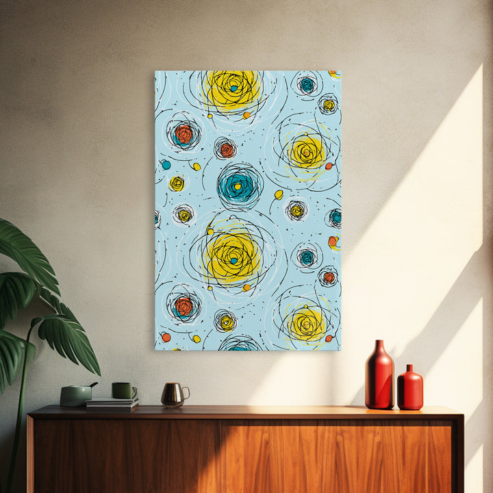 Scribble Spiral Circles On Sky Blue Wall Art, Midcentury Modern Abstract Print, Playful Colorful Geometric Office Home Decor